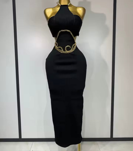 Women Black Halter Sleeveless Sexy Gold Chain Bandage Maxi Dress