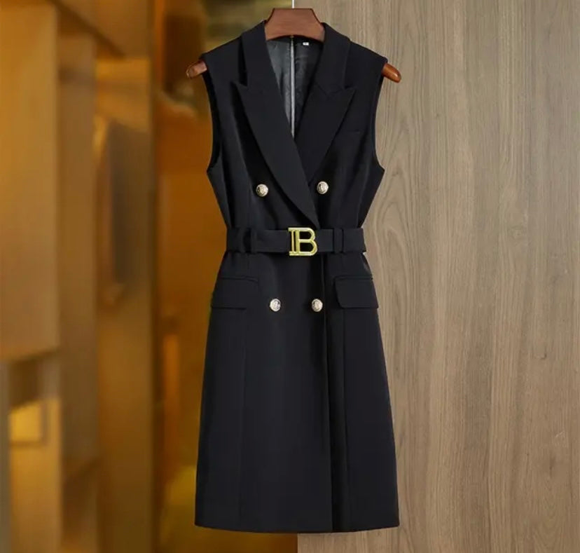 Women Fashion Sleeveless Gold Button Letter Belt Dress