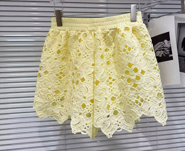 Women Color Lace Sleeveless Fashion Two Piece Short Set