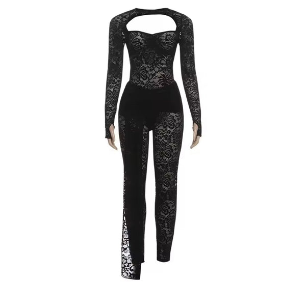 Women Sexy Lace Open Back Full Sleeve Bodysuit Two Piece Pant Set