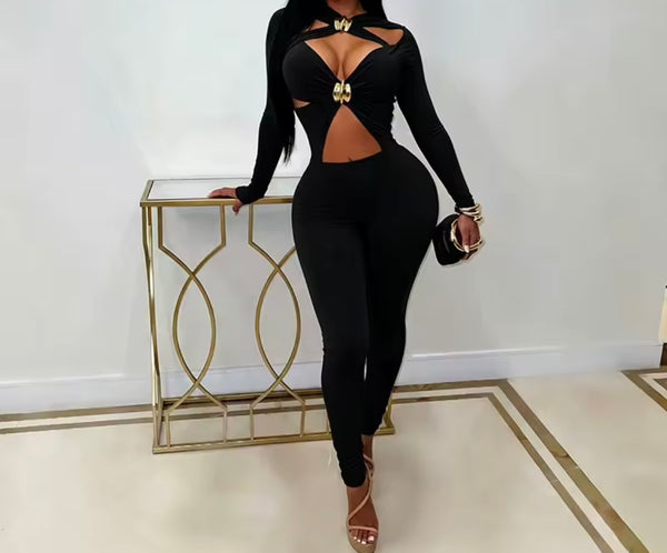 Women Sexy Metal Cut Out Full Sleeve Jumpsuit