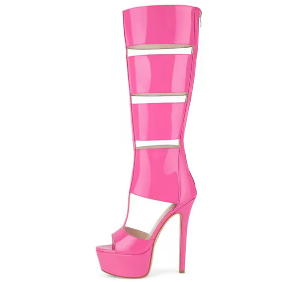 Women Fashion Color Open Toe Patent Leather Platform Knee High Sandals