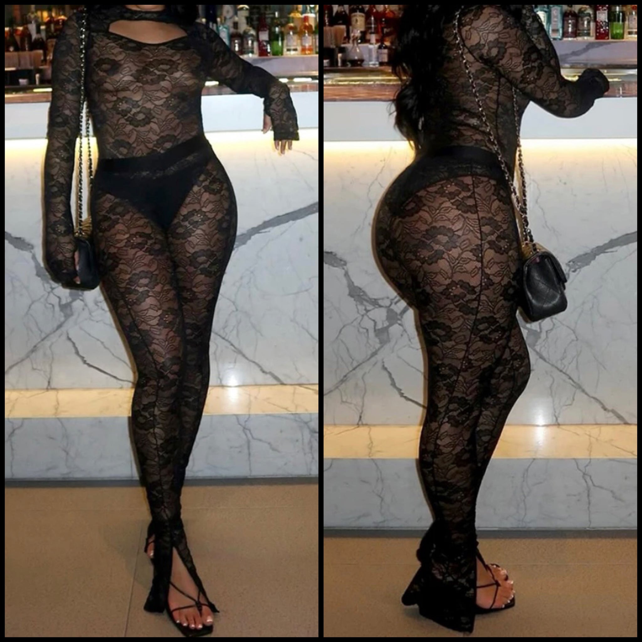 Women Sexy Full Sleeve Black Lace Bodysuit Two Piece Pant Set