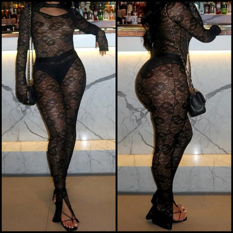 Women Sexy Full Sleeve Black Lace Bodysuit Two Piece Pant Set