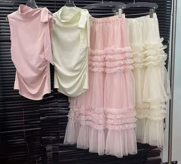 Women Ruched Bow Sleeveless Two Piece Ruffled Maxi Skirt Set