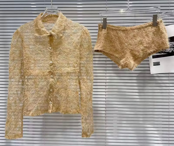 Women Fashion Furry Lace Button Up Full Sleeve Two Piece Short Set