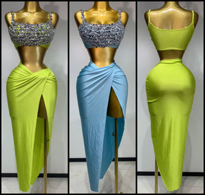 Women Sexy Sleeveless Color Rhinestone Two Piece Maxi Skirt Set
