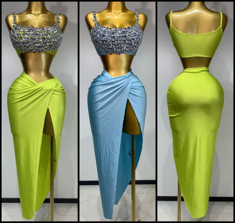 Women Sexy Sleeveless Color Rhinestone Two Piece Maxi Skirt Set