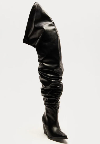 Women Black Over The Knee Faux Leather Western Boots