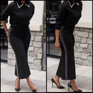 Women Fashion Black Beaded Patchwork Two Piece Pant Set