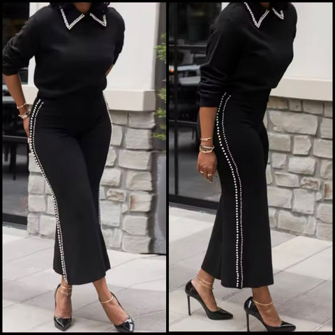 Women Fashion Black Beaded Patchwork Two Piece Pant Set