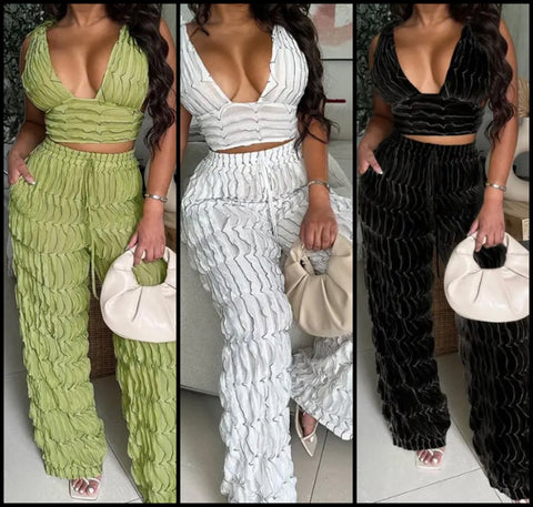 Women Sexy V-Neck Sleeveless Two Piece Pant Set