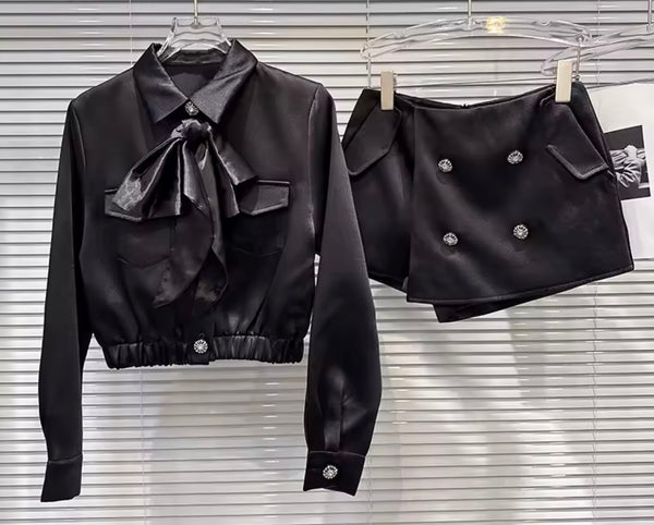 Women Black Fashion Bow Button Full Sleeve Two Piece Wrap Short Set