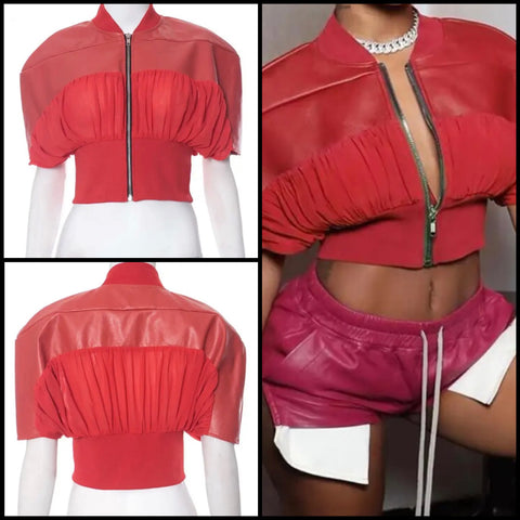 Women Red Fashion Faux Leather Patchwork Short Sleeve Jacket