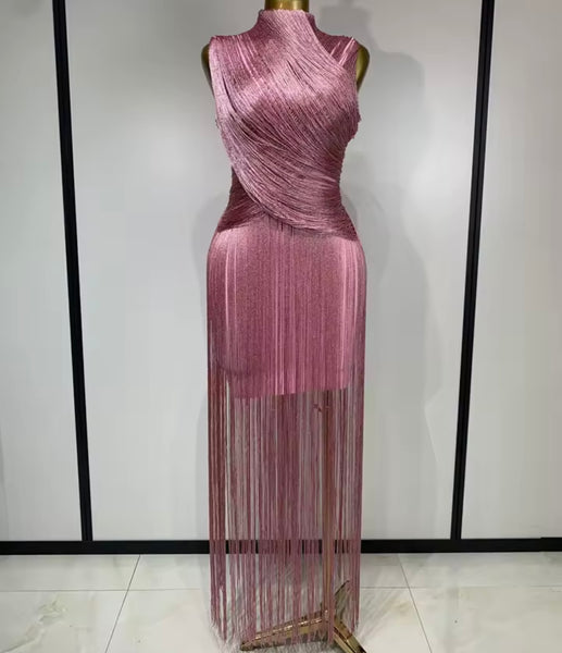 Women Sexy Sleeveless Fringe Tassel Maxi Dress