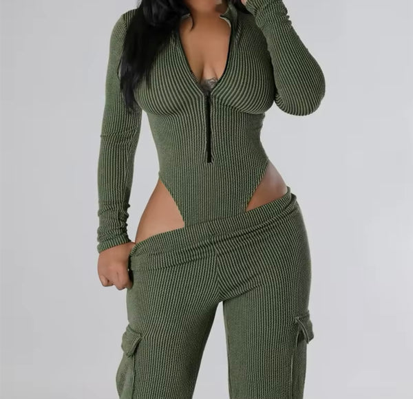 Women Color Ribbed Zip Up Full Sleeve Bodysuit Two Piece Pant Set