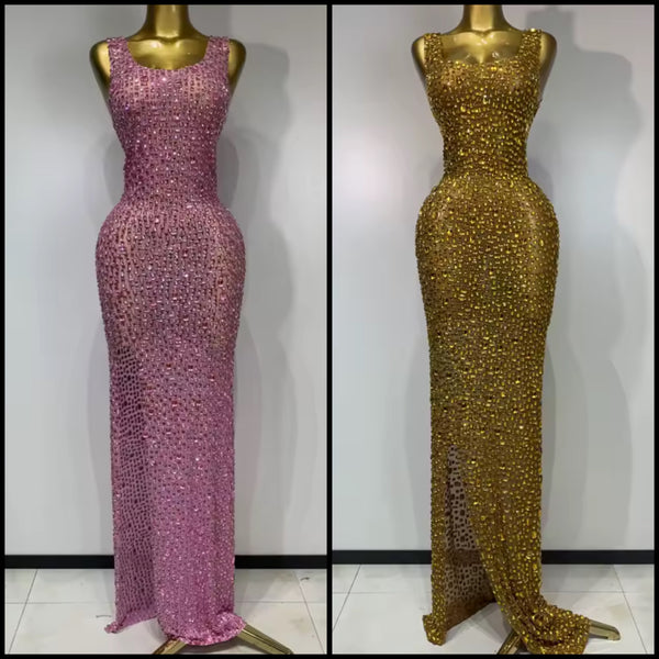 Women Sexy Sleeveless Crystal Mesh Maxi Dress