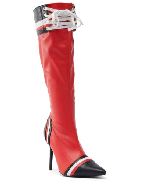 Women Fashion Color Patchwork Striped Tie Up Knee High Boots