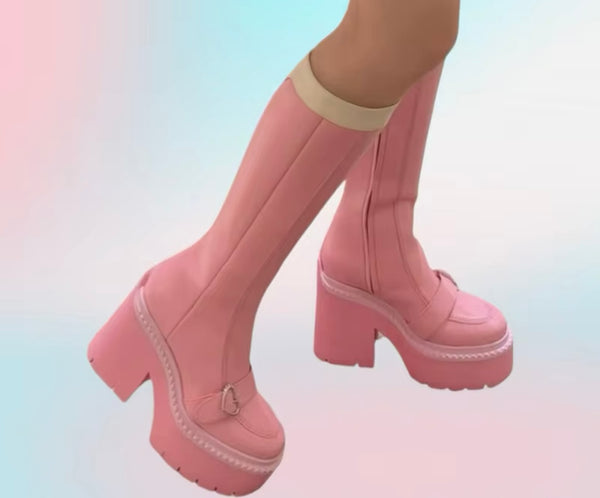 Women Fashion Pink Buckled Platform Zip Up Knee High Boots