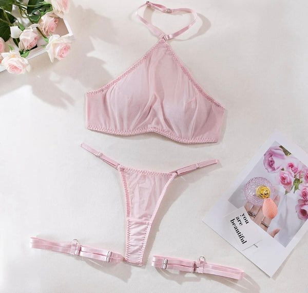 Women Sexy Pink Halter Mesh Lingerie