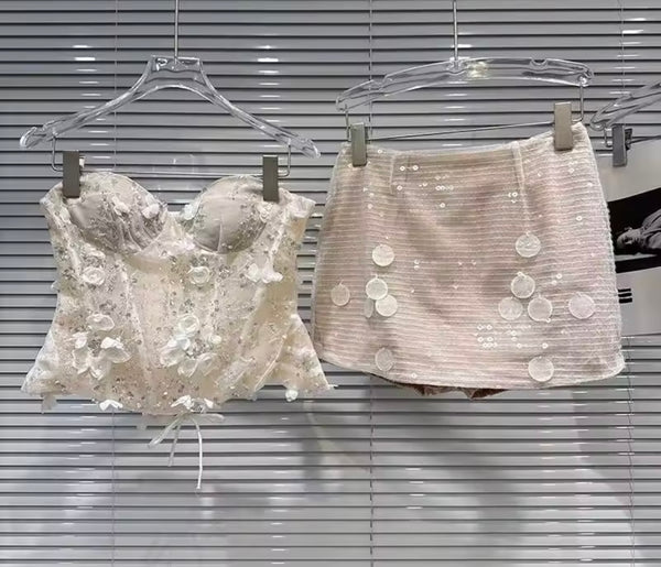 Women Sexy Strapless Floral Sequins Corset Two Piece Skirt Set
