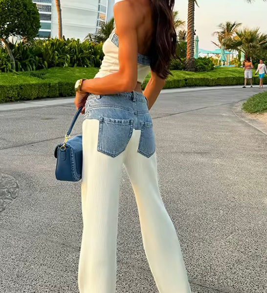 Women Buckled Strapless Denim Patchwork Two Piece Pant Set