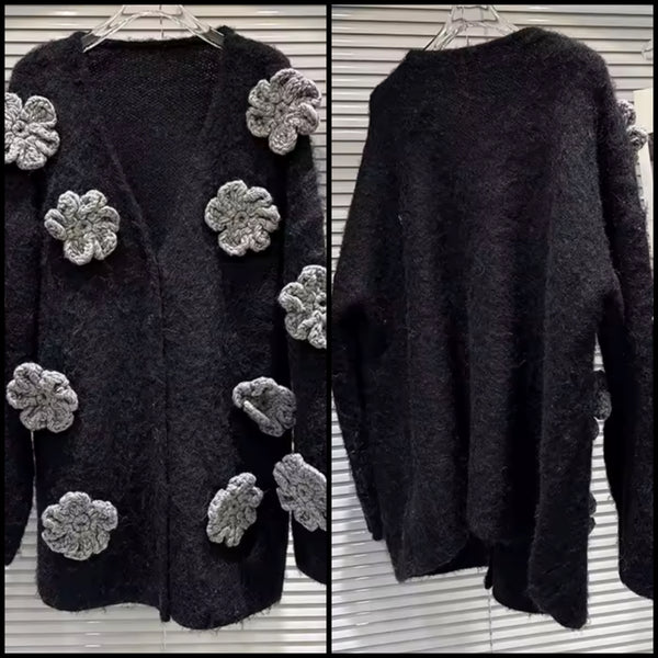 Women Black Fashion Button Up Gray 3D Floral Cardigan Sweater