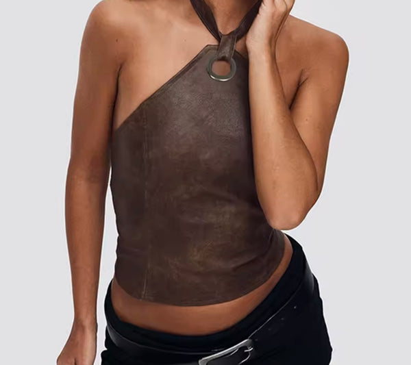 Women Halter Sleeveless Brown Faux Leather Crop Top