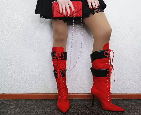 Women Color Suede Tie Up High Heel Knee Length Boots