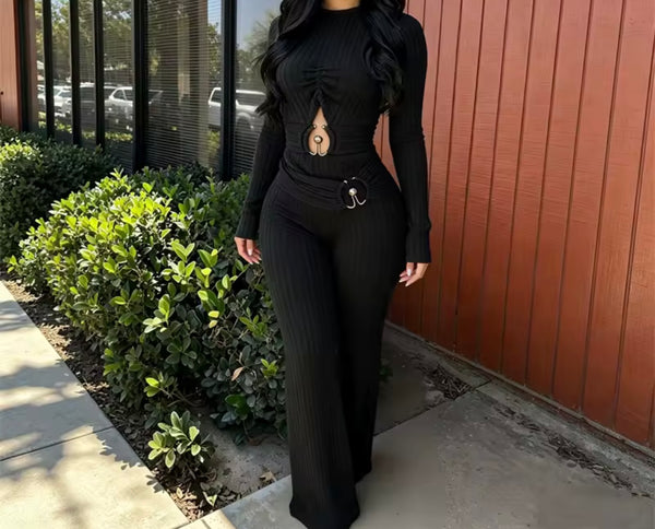 Women Ribbed Cut Out Full Sleeve Fashion Jumpsuit