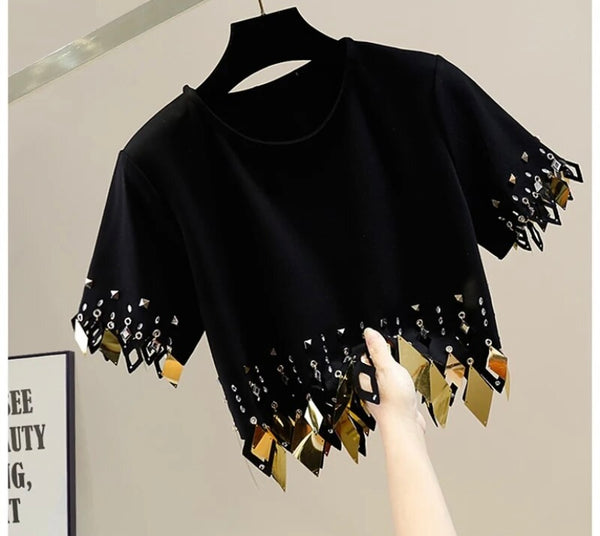 Women Fashion Short Sleeve Rivet Bling Tassel Crop Top