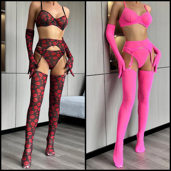 Women Sexy Mesh Glove Stockings Lingerie Set