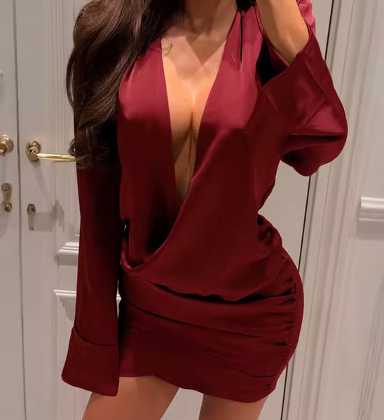 Women Sexy Deep V-Neck Ruche Full Sleeve Dress