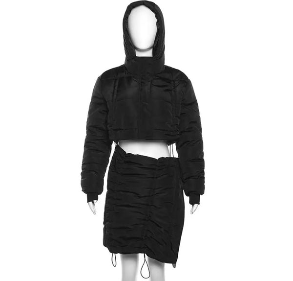 Women Black Hooded Drawstring Two Piece Jacket Skirt Set