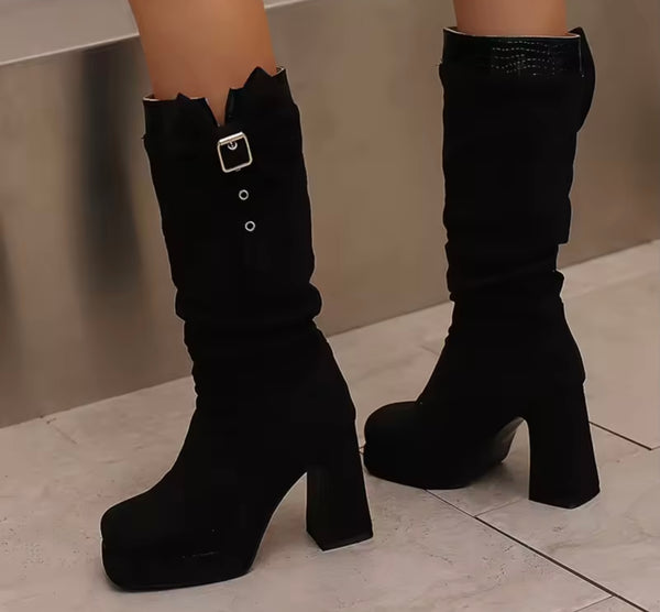 Women Fashion Buckled Bow Platform High Heel Boots