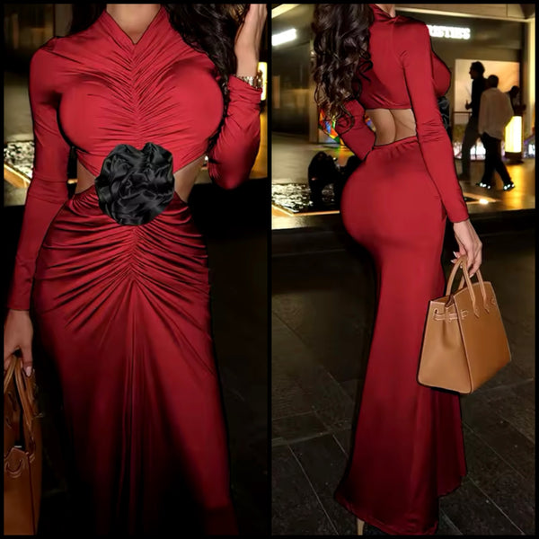 Women Red Sexy 3D Floral Ruched Open Back Maxi Dress