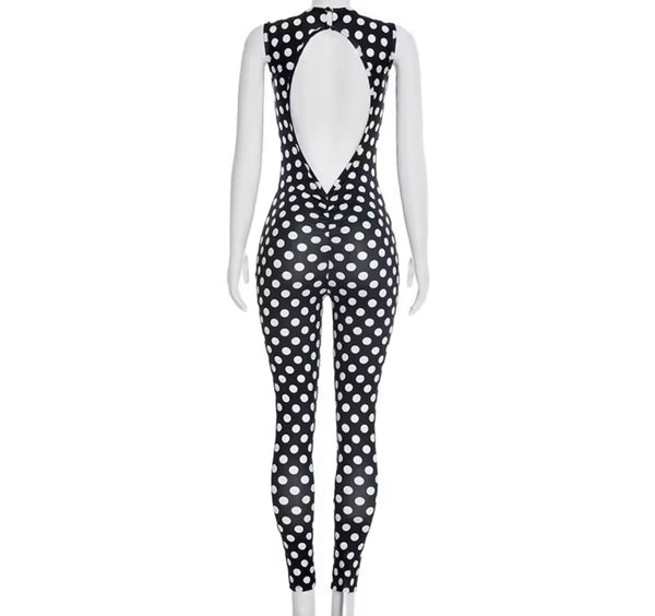 Women Sleeveless Open Back B&W Polka Dot Jumpsuit