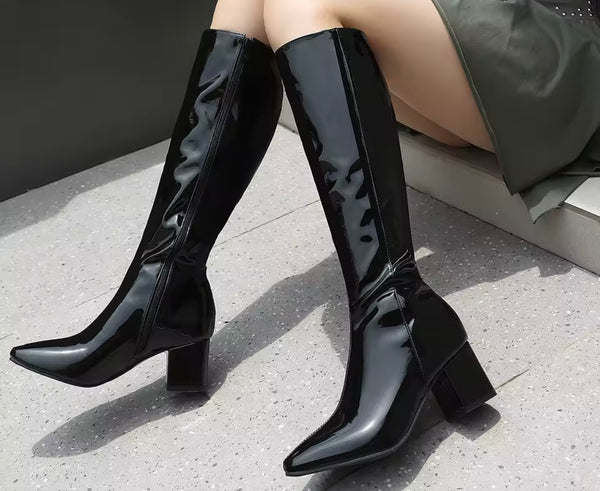 Women Pointed Toe Patent Leather Fashion Knee High Boots