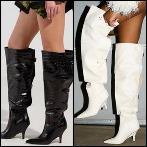 Women Black/White Buckled Open Back Kitten Heel Knee High Boots