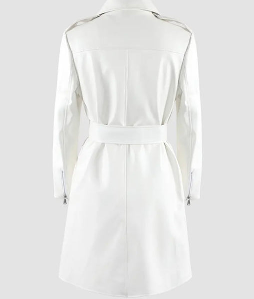 Women White Fashion Faux Leather Belted Jacket