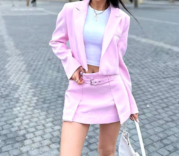 Women Sexy Fashion Color Blazer Two Piece Skirt Set