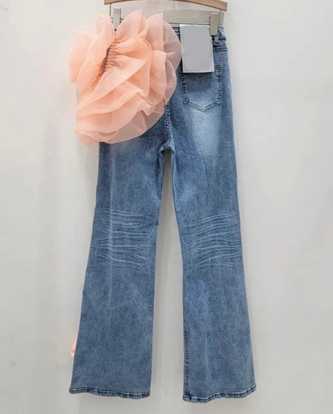 Women Fashion Ripped Color Ruffled Floral Denim Pants