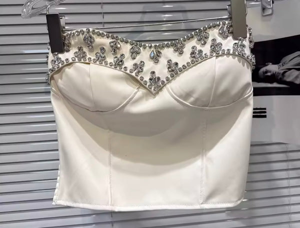 Women Sexy Strapless Floral Rhinestone PU Crop Top