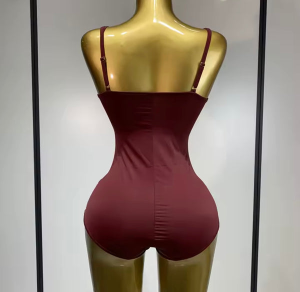 Women Sexy Burgundy Bodysuit Full Sleeve Mesh Maxi Dress