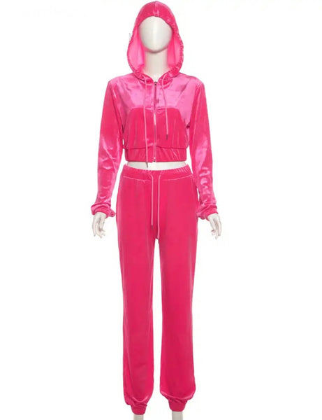 Women Fashion Hooded Velour Two Piece Tracksuit Pant Set