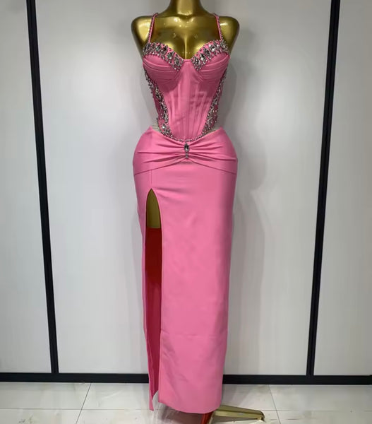 Women Pink Rhinestone Sexy Sleeveless Maxi Dress