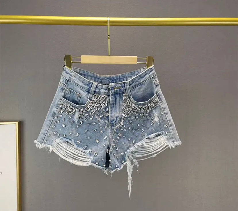 Women Fashion Ripped Rhinestone Patchwork Denim Shorts