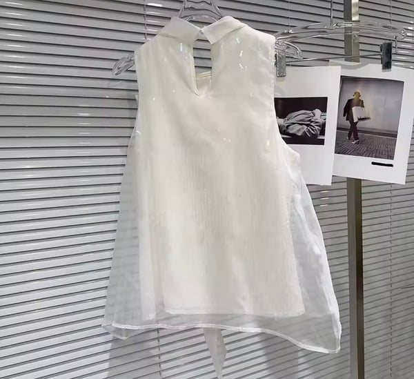 Women White Bow Sleeveless Ruffled Two Piece Skirt Set