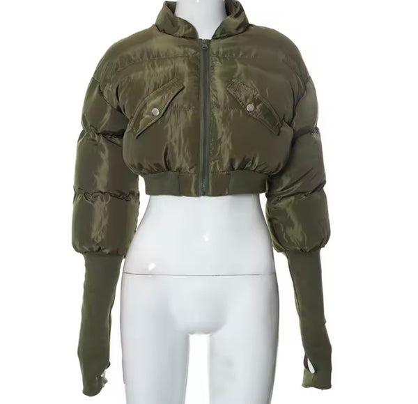 Women Color Fashion Puff Crop Jacket