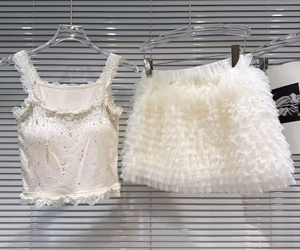 Women Beaded Tank Top Two Piece Ruffled Skirt Set